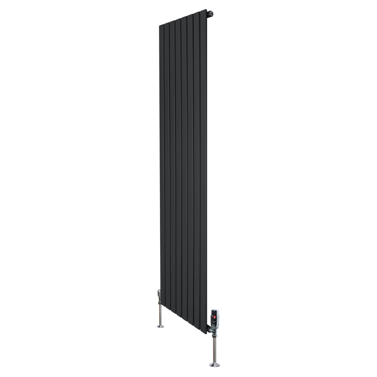 Sleek black flat single column radiator with vertical slats, measuring 1800mm x 560mm, featuring modern valves and a polished finish