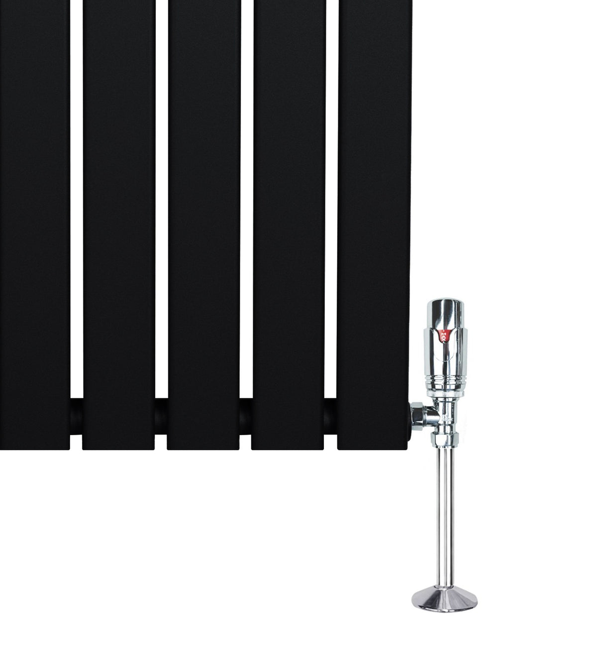 Sleek black flat single column radiator with polished chrome valve, measuring 1800mm x 560mm, showcasing a modern design