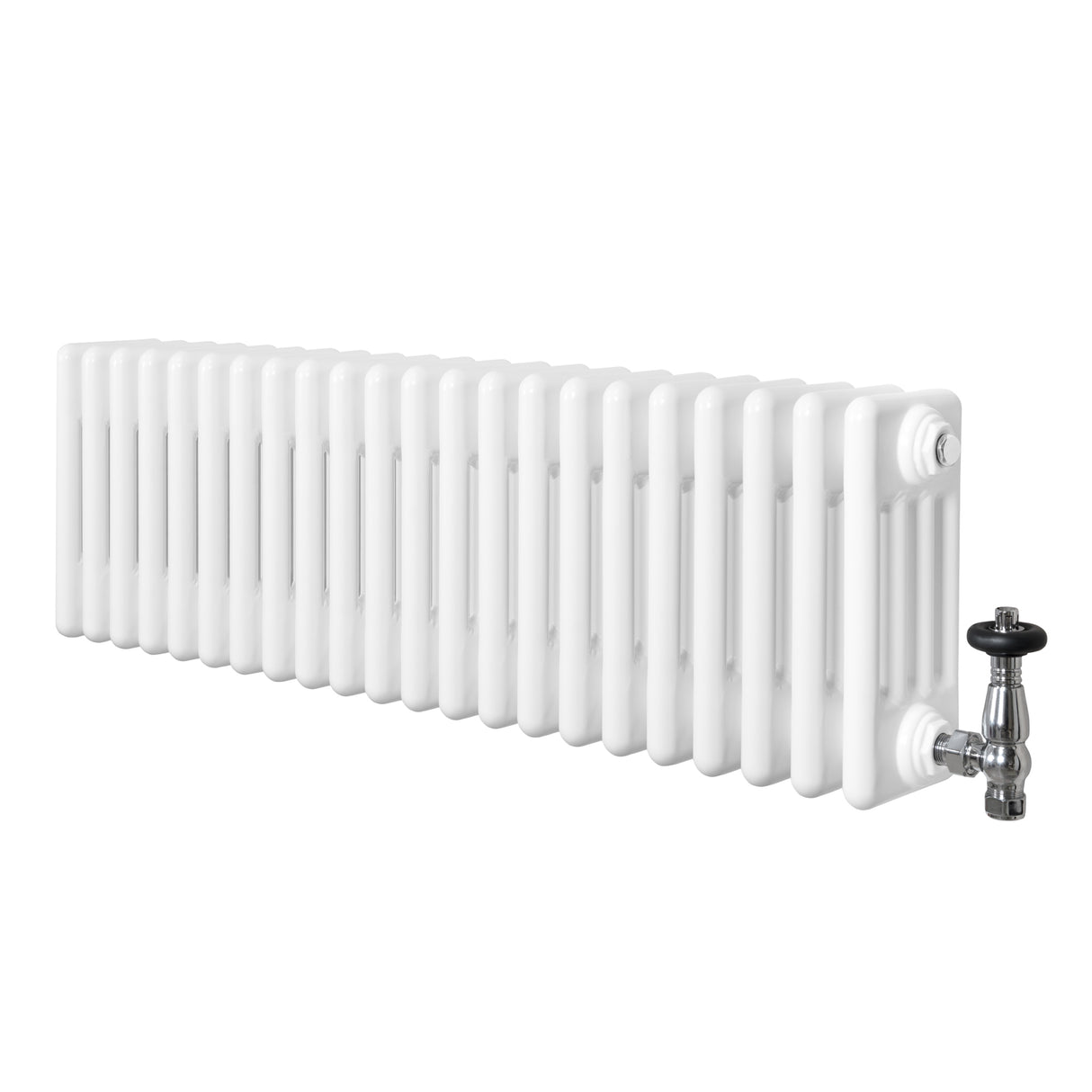 Traditional white 4 column radiator with a sleek, glossy finish and a chrome valve, measuring 300 x 1010mm, ideal for classic interiors