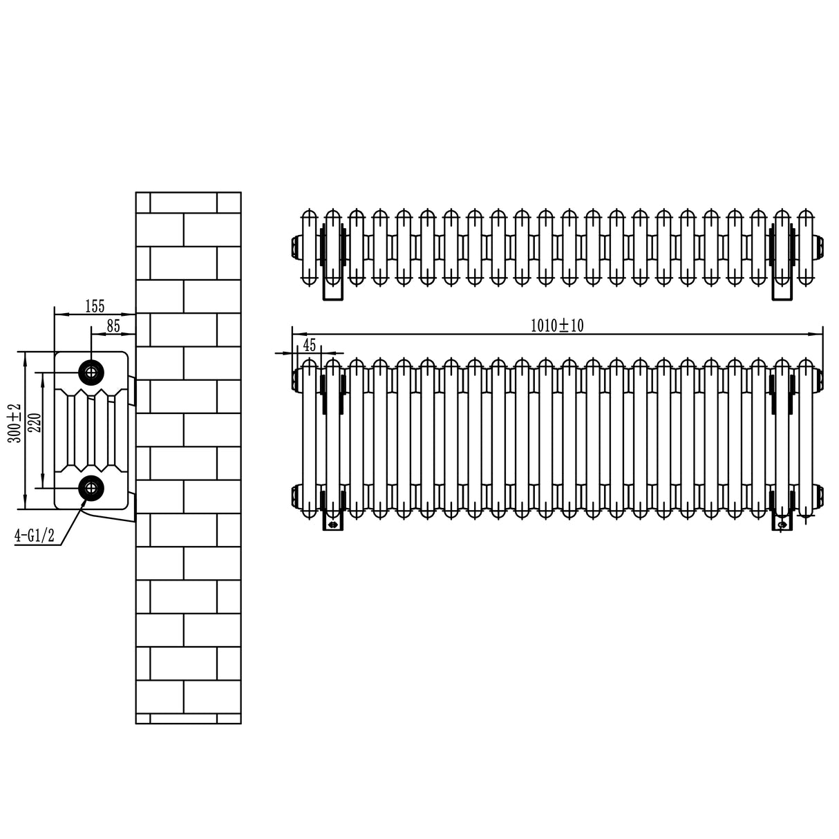 Traditional black 4 column radiator with detailed dimensions, showcasing a sleek design and sturdy construction for efficient heating