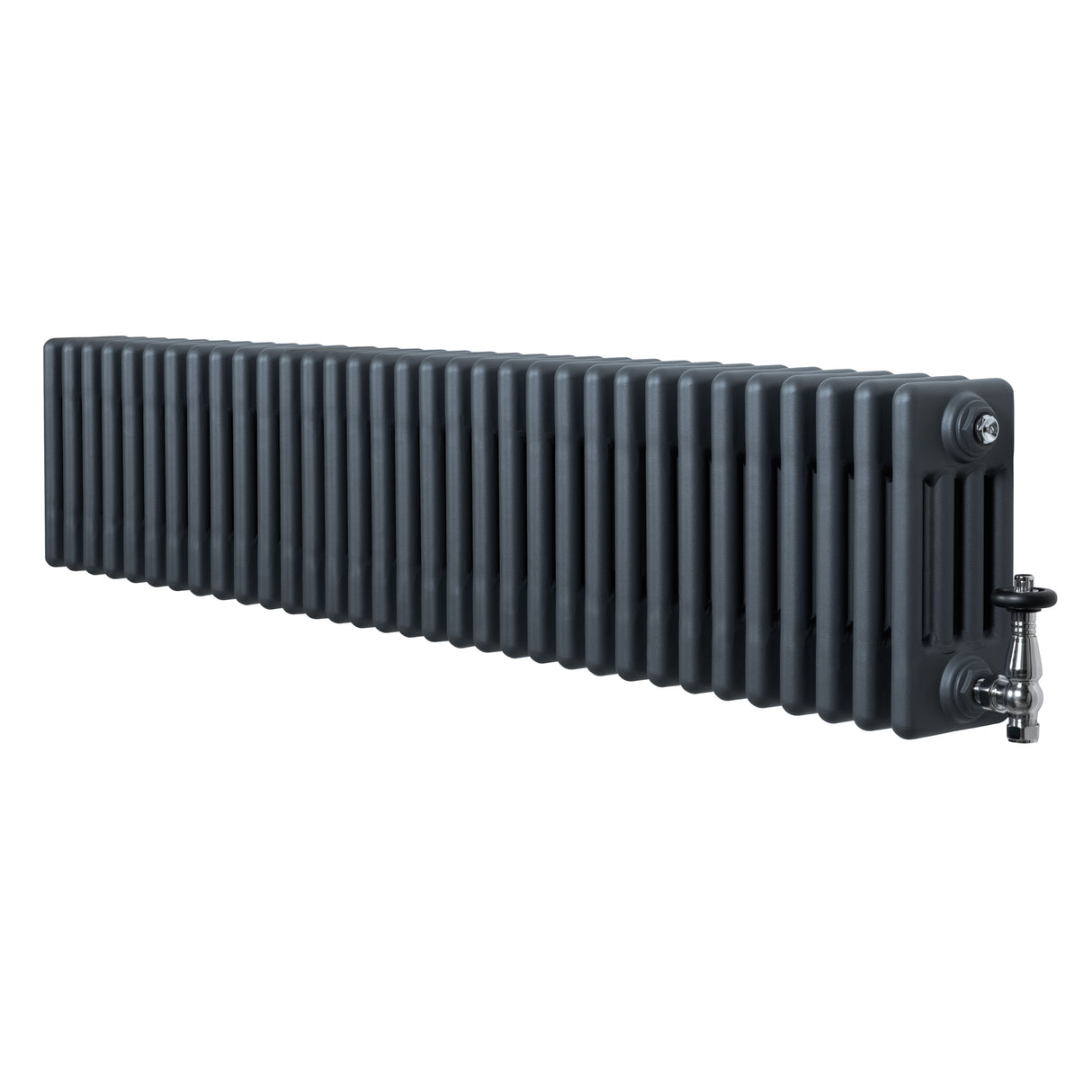 Traditional anthracite grey 4 column radiator, 300 x 1505mm, featuring a sleek, textured finish and integrated valves for efficient heating