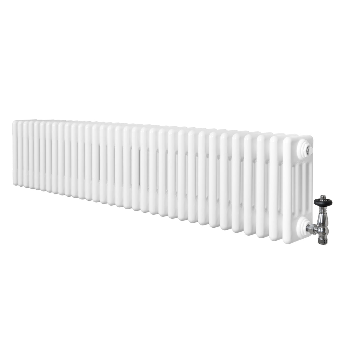 Traditional white 4-column radiator with a smooth finish, featuring sleek lines and a valve for temperature control, measuring 300 x 1505mm