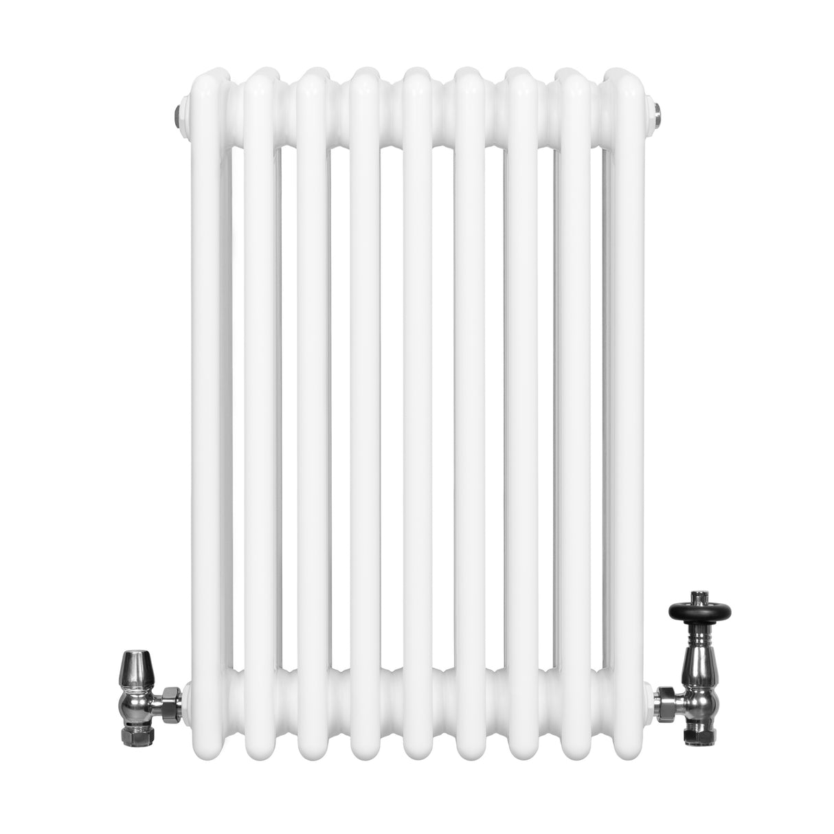 Traditional white 4 column radiator with smooth, glossy finish and chrome valves, measuring 600 x 425mm, ideal for classic interiors