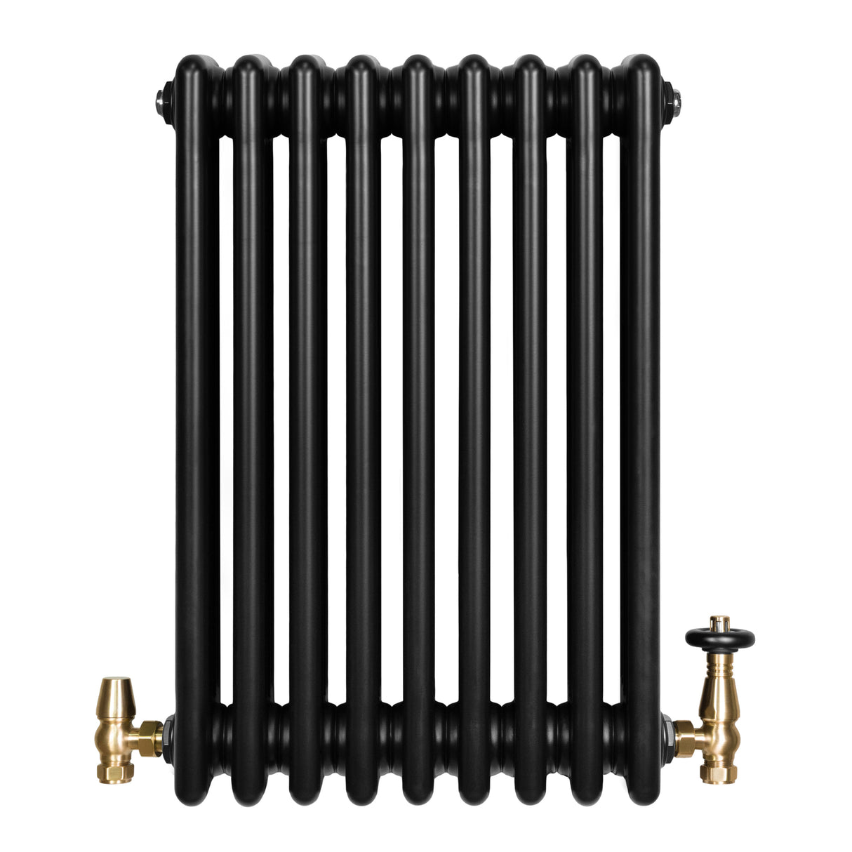 Traditional black 4 column radiator with a sleek, ribbed design and brass valves, measuring 600 x 425mm, ideal for vintage decor