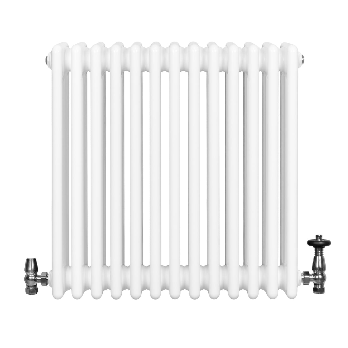 Traditional white 4 column radiator with a smooth, glossy finish and chrome valves, measuring 600 x 605mm, ideal for classic interiors