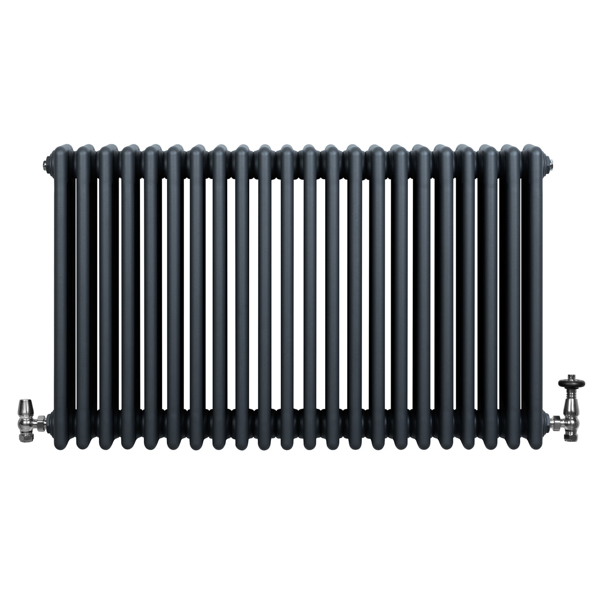 Traditional anthracite grey 4 column radiator with smooth, rounded edges and polished valves, ideal for classic home decor