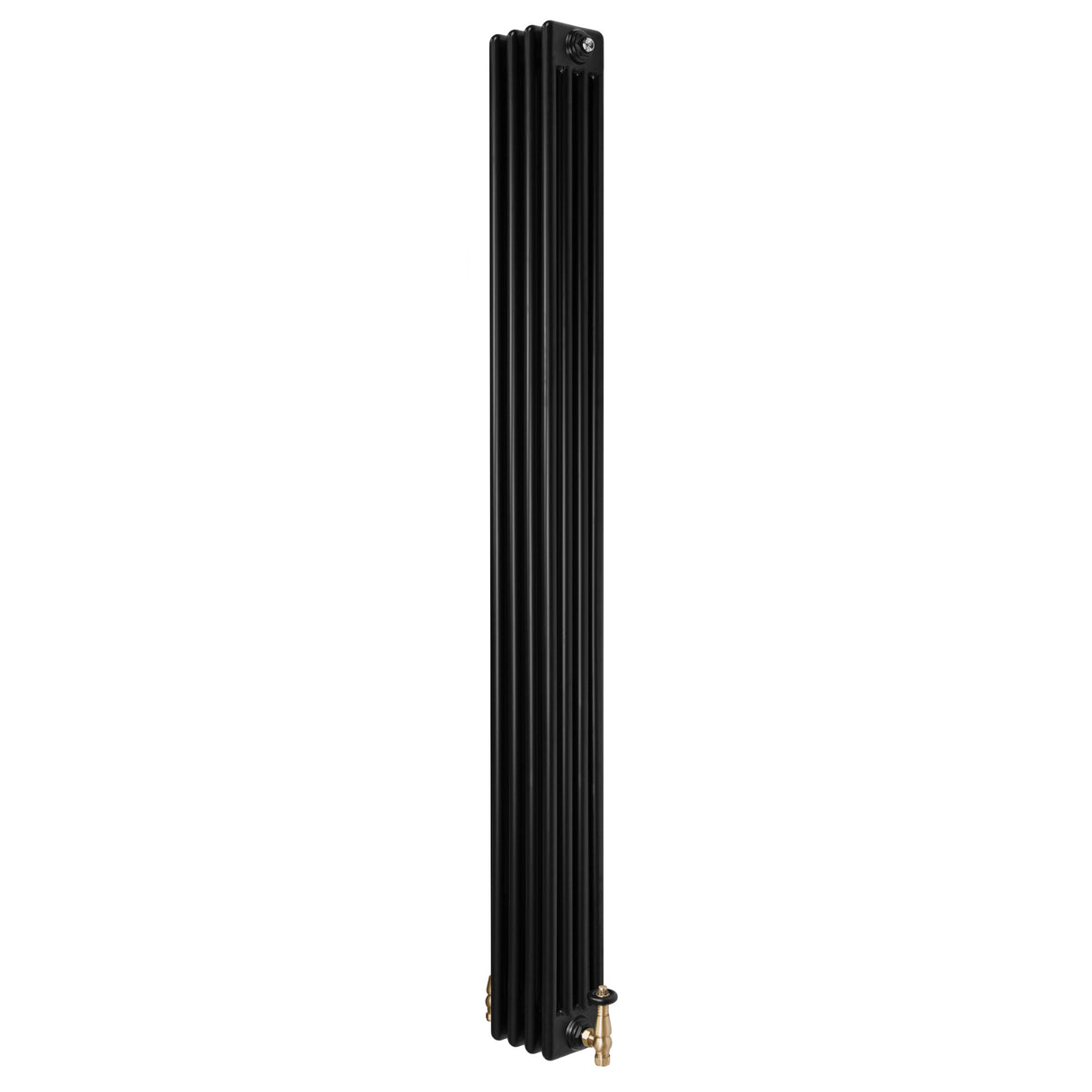 Traditional black 4 column radiator with a sleek vertical design, featuring brass valves and a smooth, matte finish
