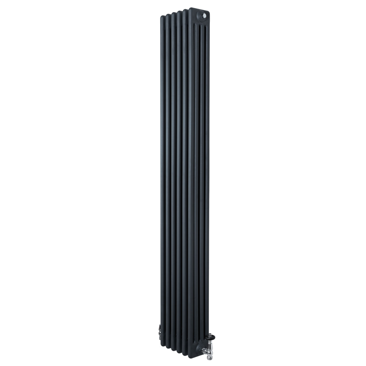 Tall anthracite grey traditional 4 column radiator with a sleek vertical design and polished valves, ideal for modern interiors