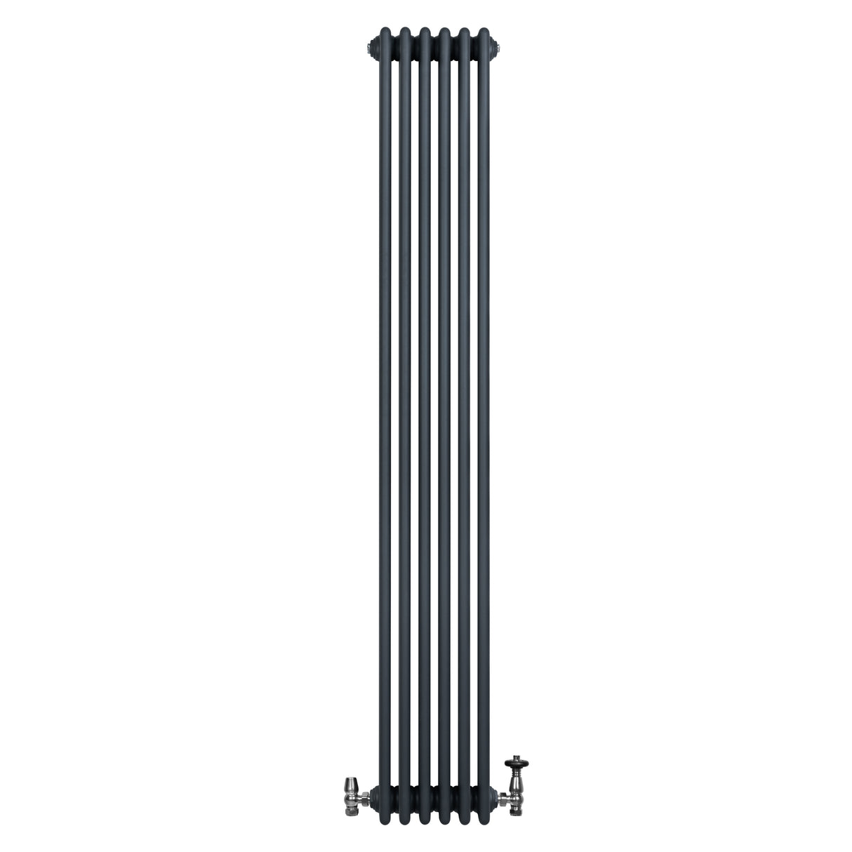 Traditional anthracite grey 4 column radiator with sleek vertical design, featuring polished valves and a smooth, matte finish