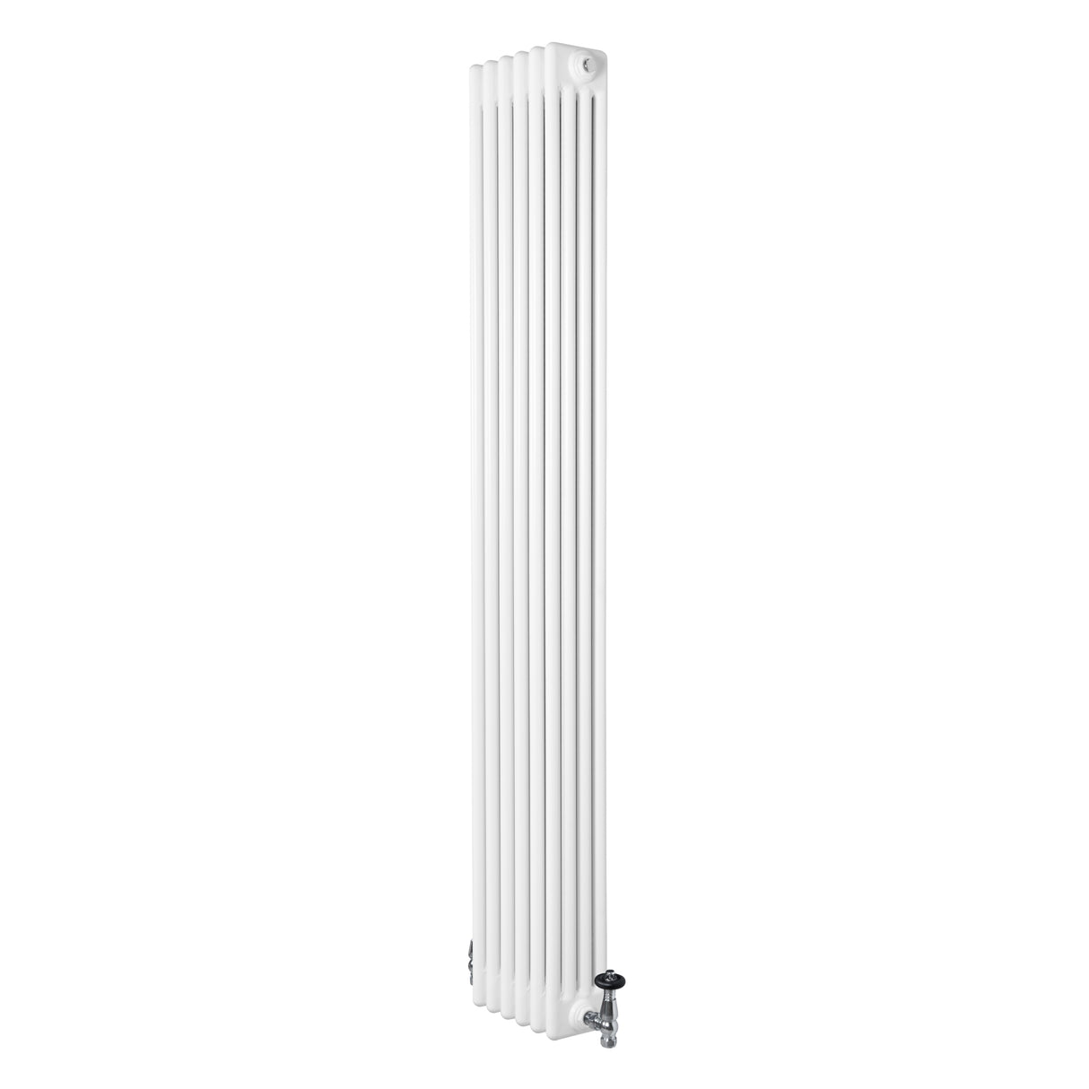 Traditional white 4 column radiator measuring 1800 x 290mm, featuring a sleek vertical design and chrome valves for modern heating solutions