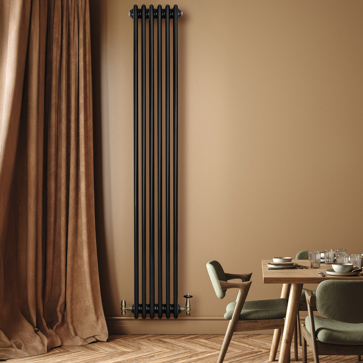 Sleek black traditional 4 column radiator mounted on a warm beige wall, complemented by elegant curtains and a wooden dining table