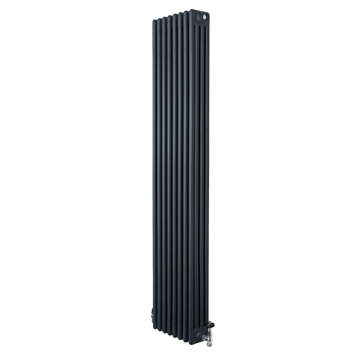 Traditional 4 column radiator in anthracite grey, featuring a sleek vertical design with smooth, textured surface and chrome valves