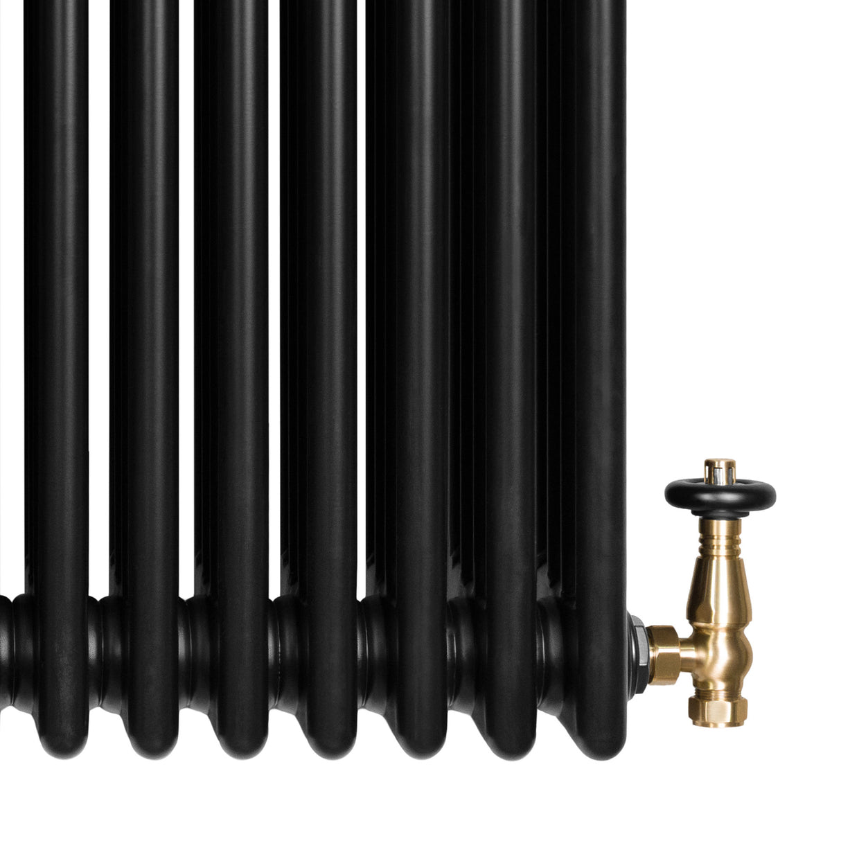 Traditional black 4 column radiator with a sleek finish, featuring a brass valve for efficient heating and elegant design