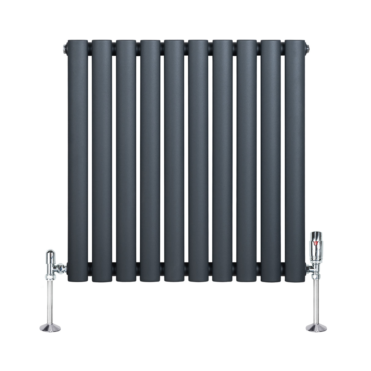 Anthracite grey oval single column radiator with sleek vertical bars and chrome valves, designed for modern interiors, 600mm x 600mm