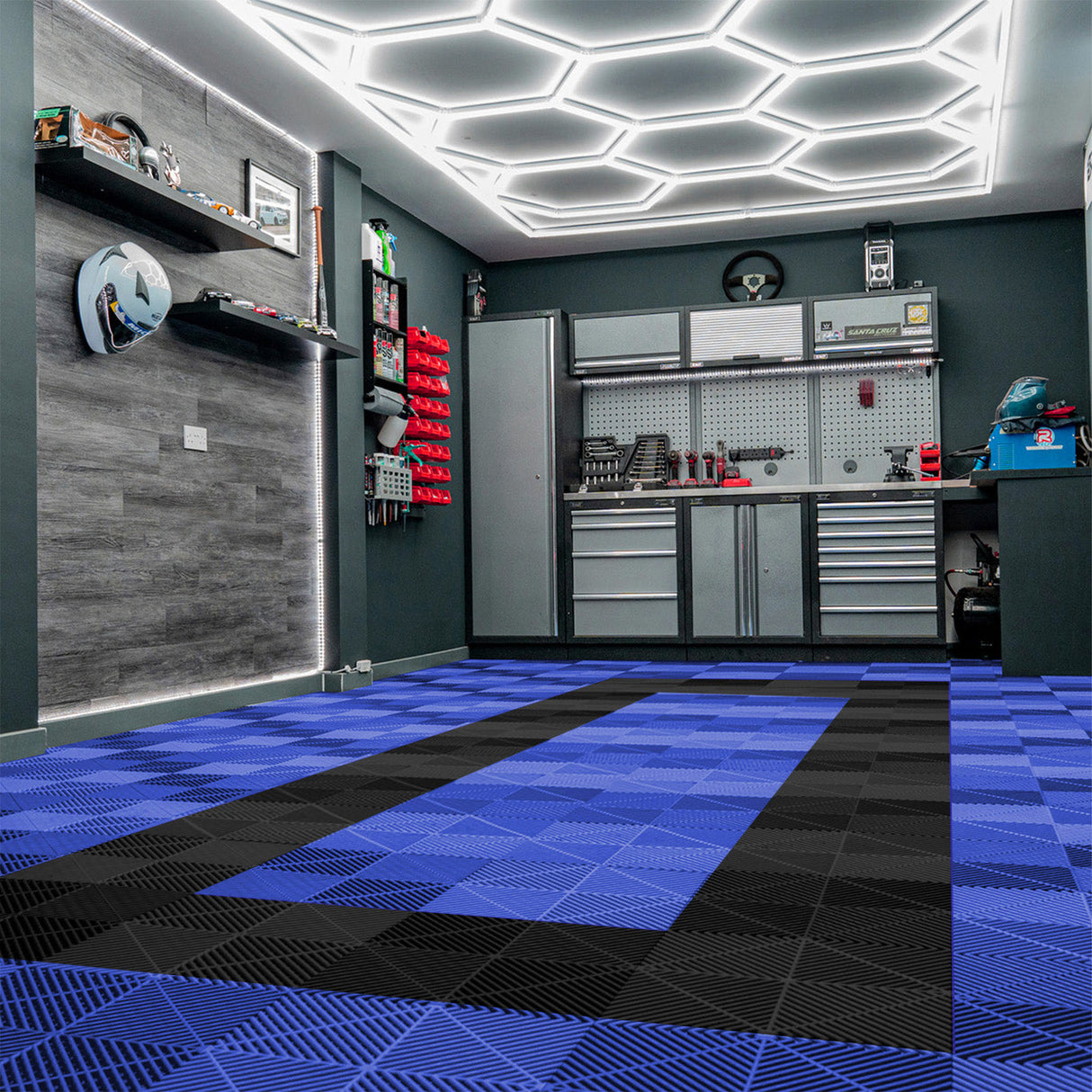 Vented Garage Floor Tiles With Edges – 90 Blue & 30 Black