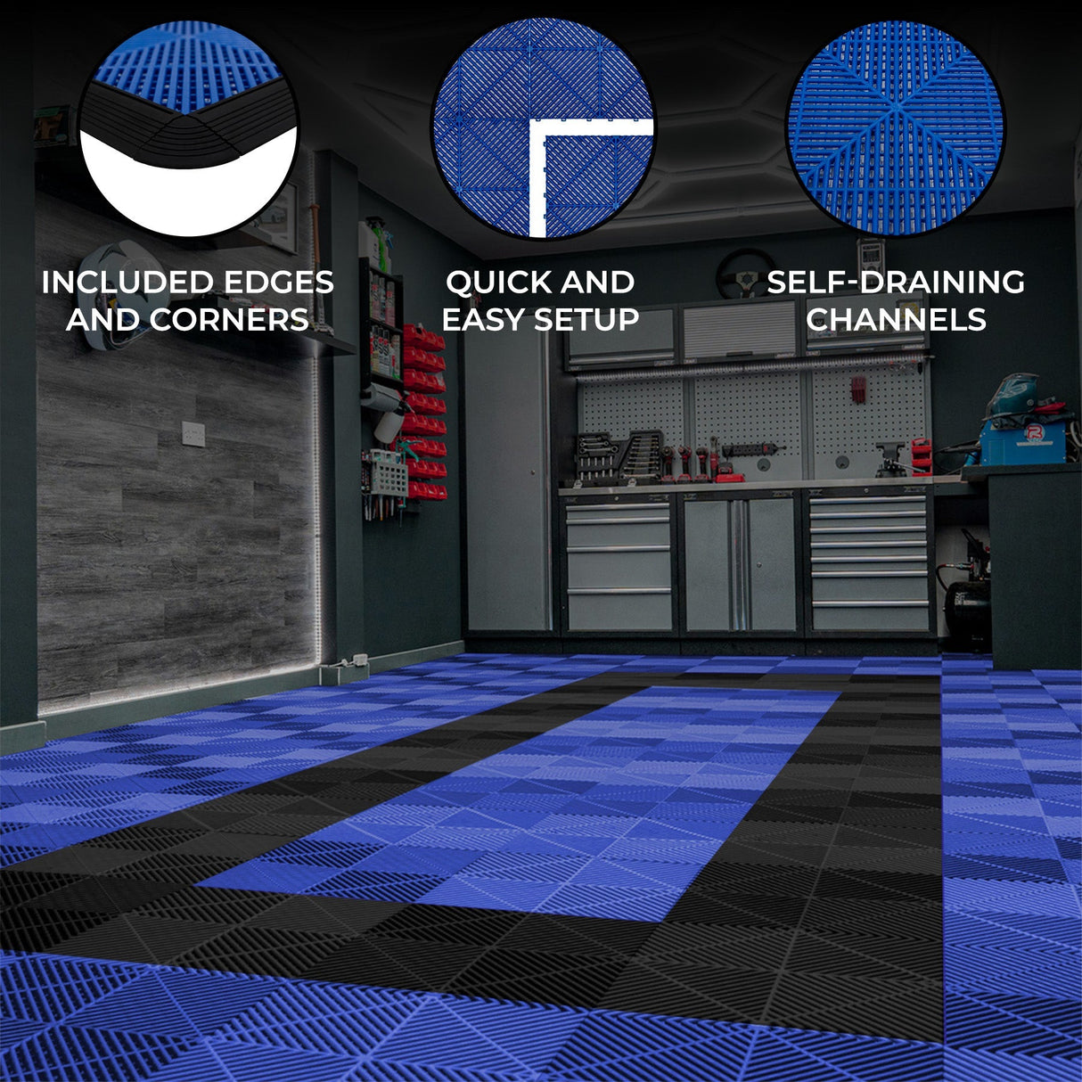Vented Garage Floor Tiles With Edges – 90 Blue & 30 Black