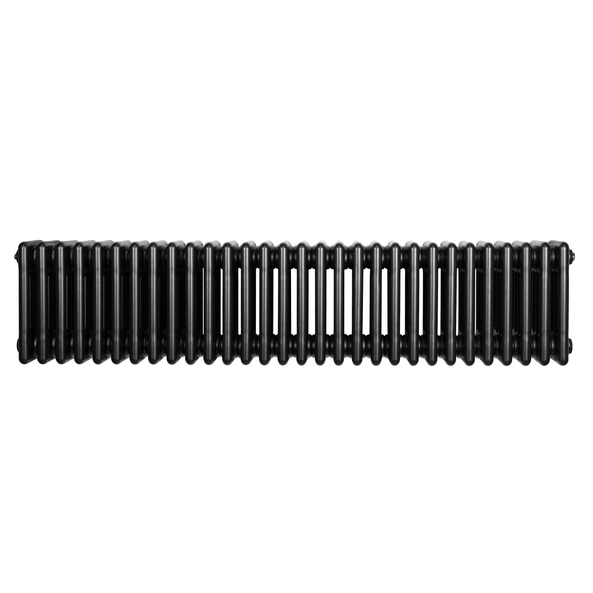 Traditional black 4 column radiator measuring 300 x 1370mm, featuring a sleek design with smooth, glossy finish and vertical lines