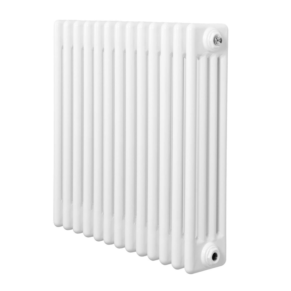 Traditional white 4 column radiator, 600 x 605mm, featuring a smooth, glossy finish and vertical ribbed design for efficient heating
