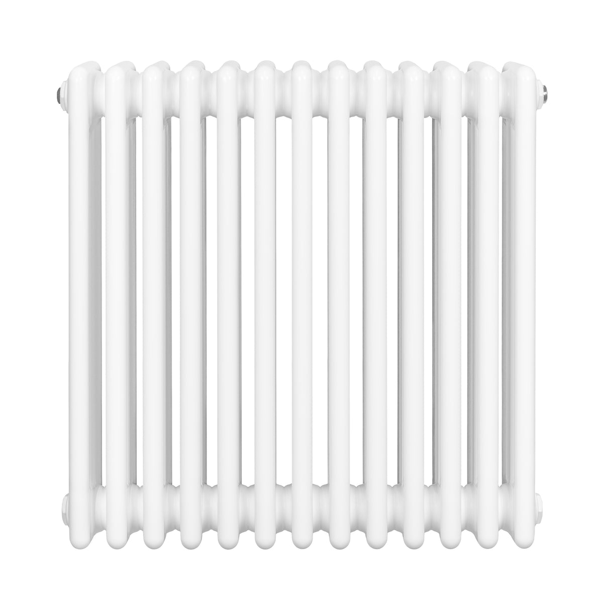 Traditional white 4 column radiator with a smooth, glossy finish, measuring 600 x 605mm, designed for efficient heating