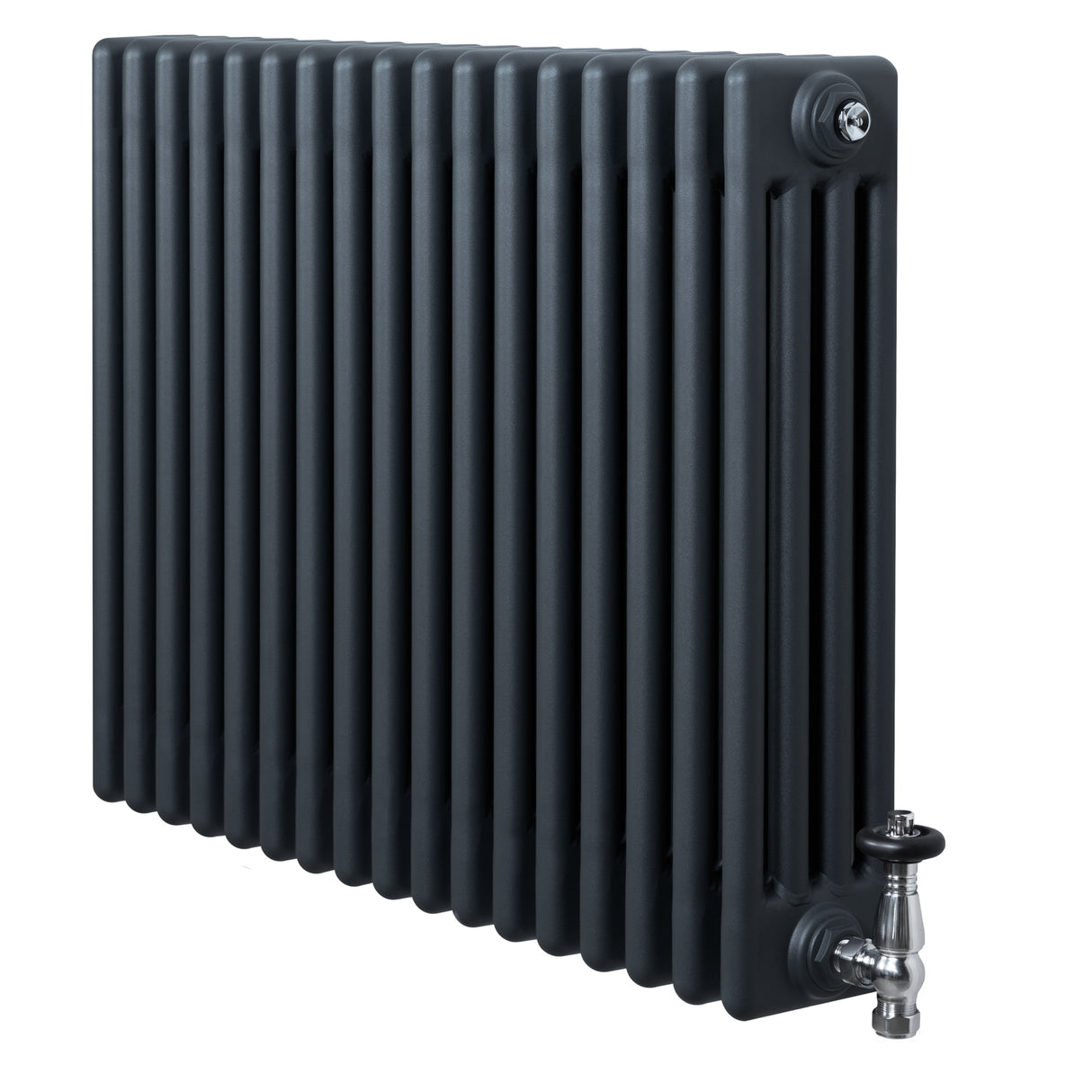 Traditional anthracite grey 4 column radiator with a sleek finish, featuring vertical grooves and polished valves for modern decor