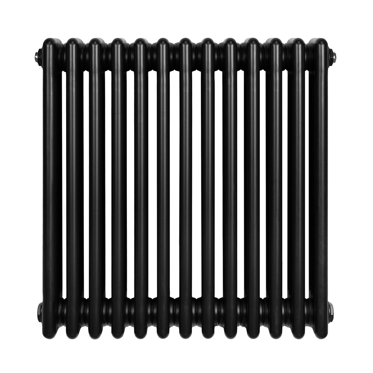 Traditional black 4 column radiator with a sleek, glossy finish, featuring rounded edges and a compact design, measuring 600 x 605mm