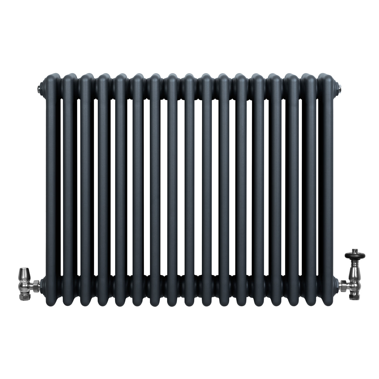 Traditional anthracite grey 4 column radiator with sleek, ribbed design and polished valves, measuring 600 x 785mm