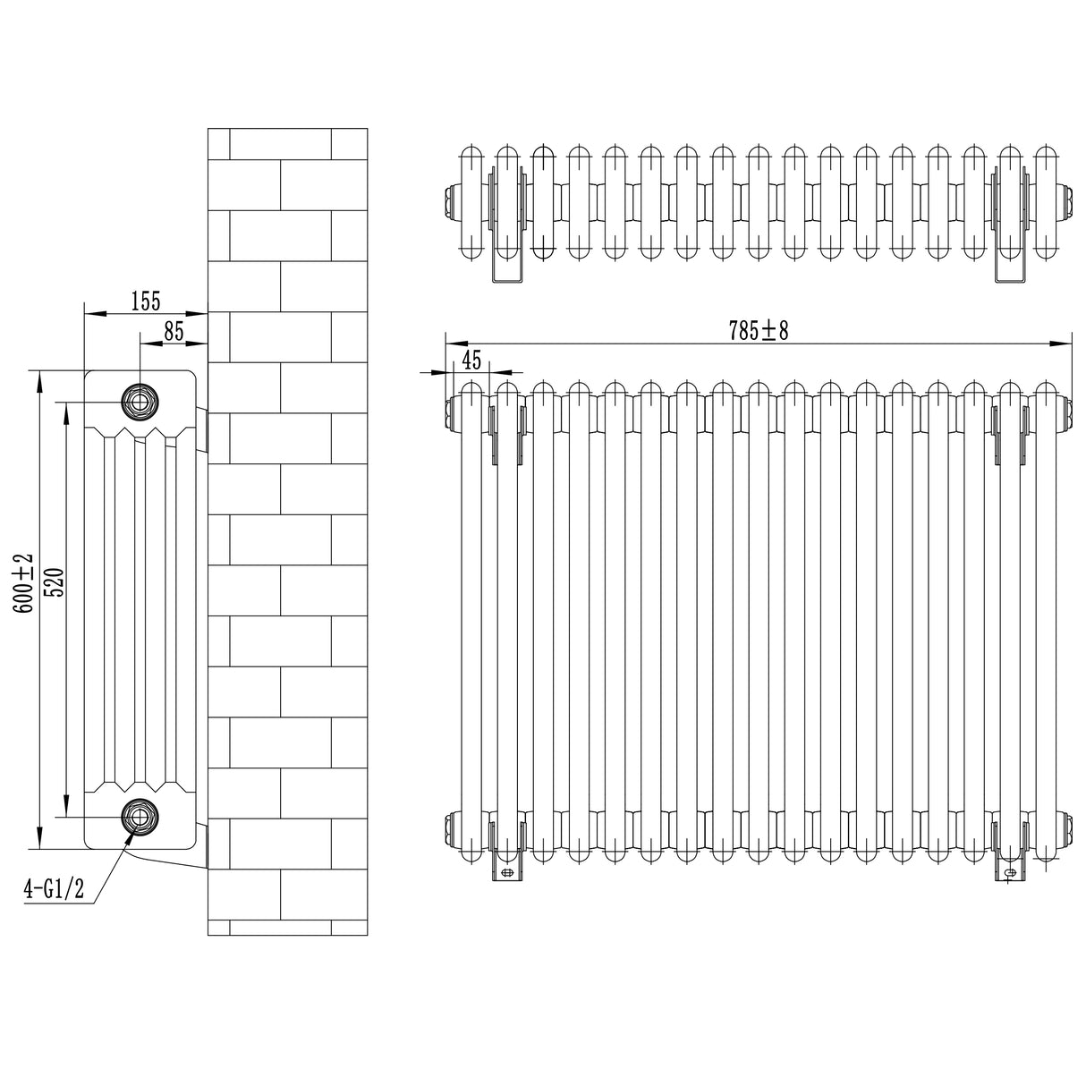 Traditional black 4 column radiator with a sleek design, measuring 600 x 785mm, featuring smooth, rounded edges and a textured surface