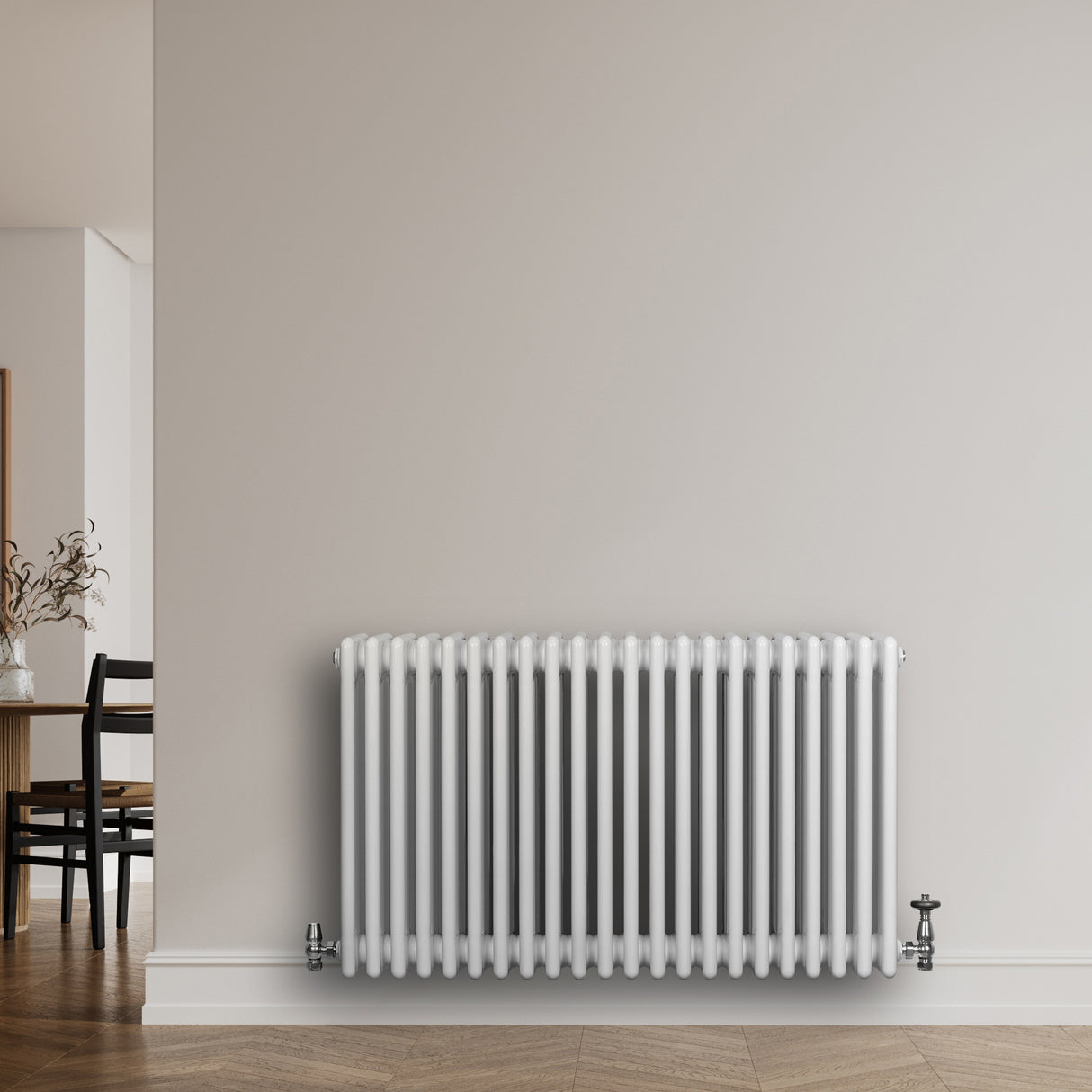 Traditional white 4 column radiator, 600 x 1010mm, featuring smooth, glossy finish and sleek vertical lines, mounted on a light wall