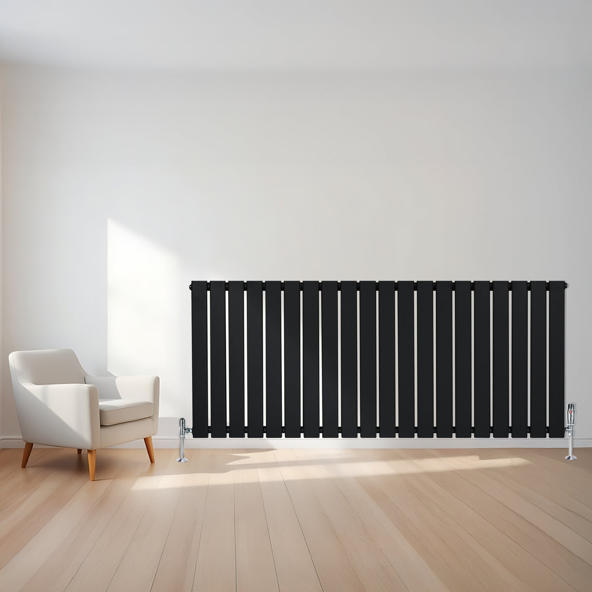 Sleek black flat single column radiator with vertical slats, positioned against a light wall, enhancing modern interior decor