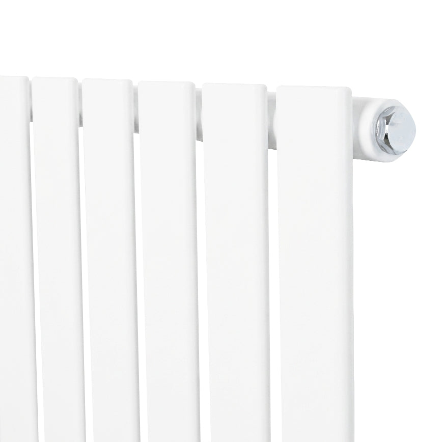 Sleek white flat single column radiator with smooth, vertical fins and a polished end cap, measuring 1600 x 420mm