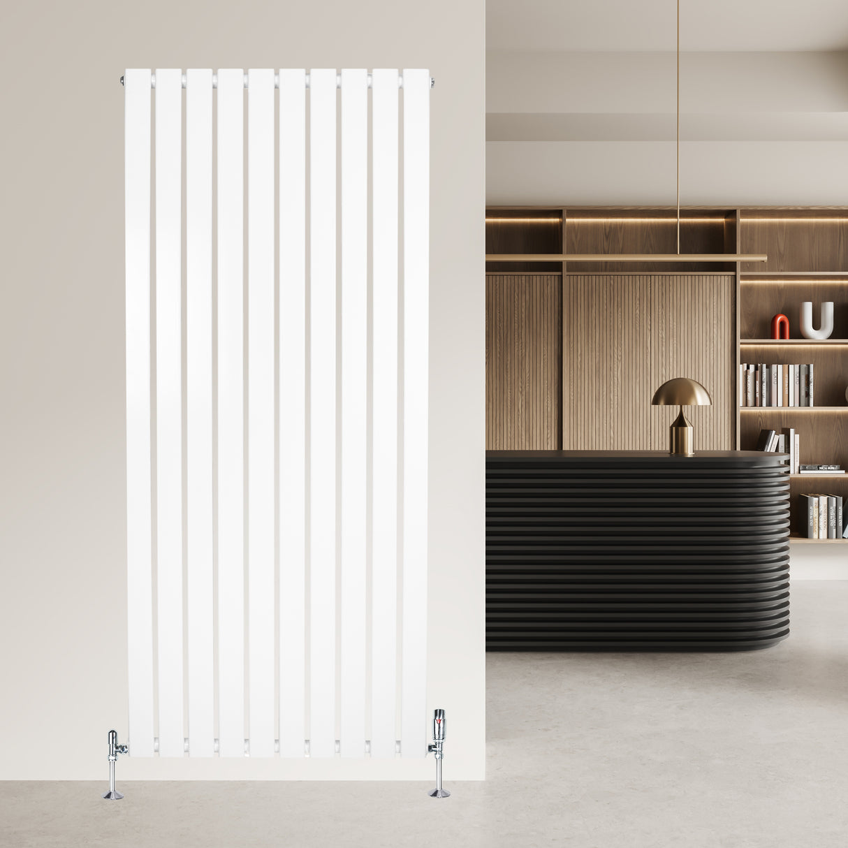 Sleek white flat single column radiator, 1600 x 700mm, mounted on a wall in a modern interior with a stylish black reception desk