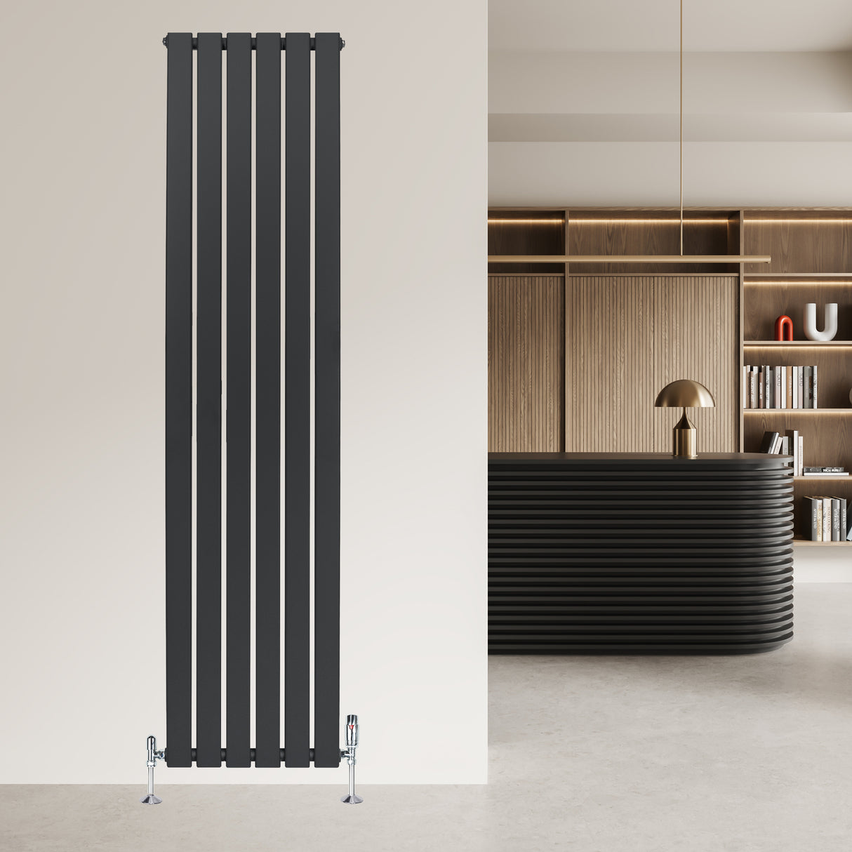 Anthracite grey flat single column radiator with vertical slats, sleek design, mounted on a light wall in a modern interior setting