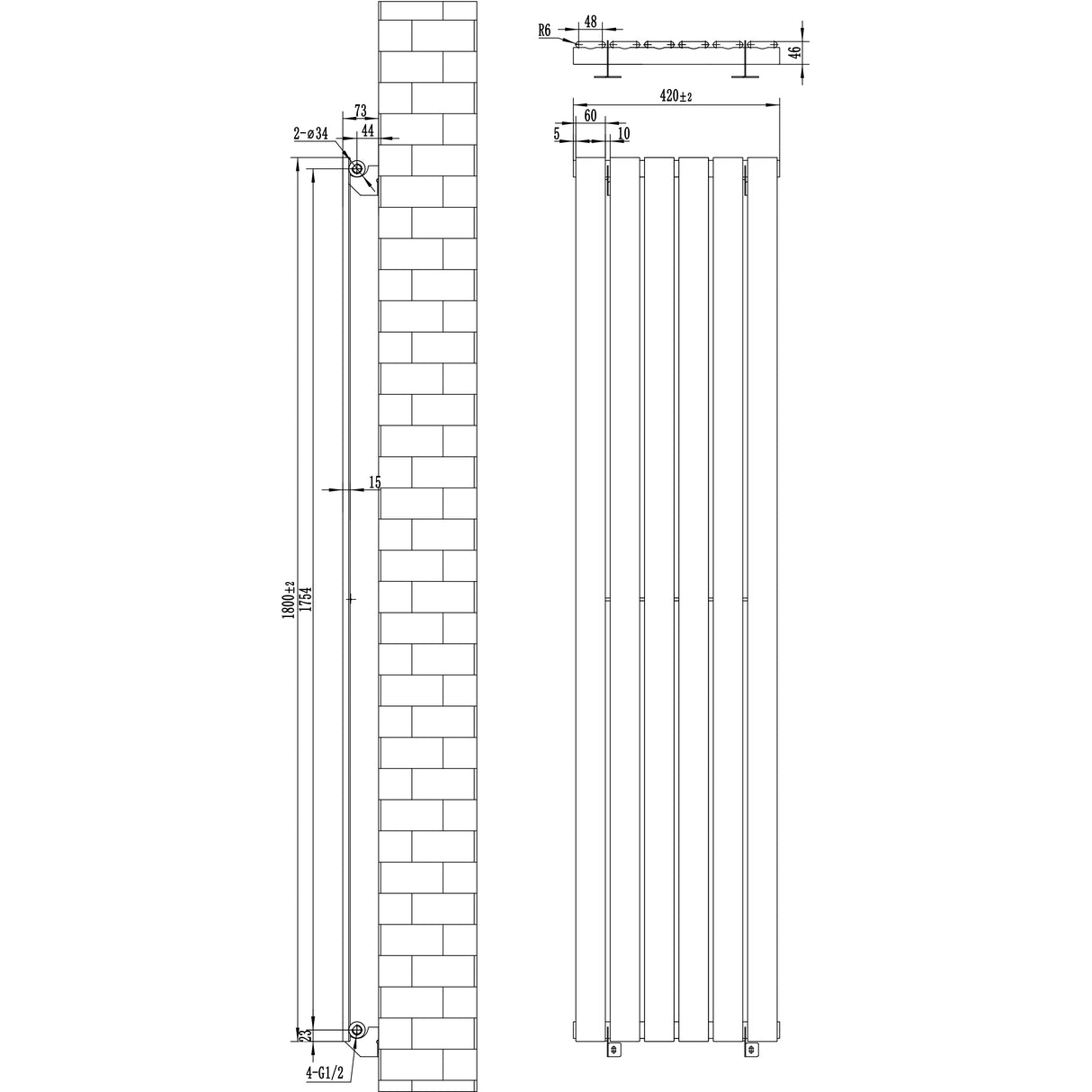 Flat white single column radiator with vertical bars, dimensions 1800 x 420mm, featuring a sleek, modern design suitable for various interiors