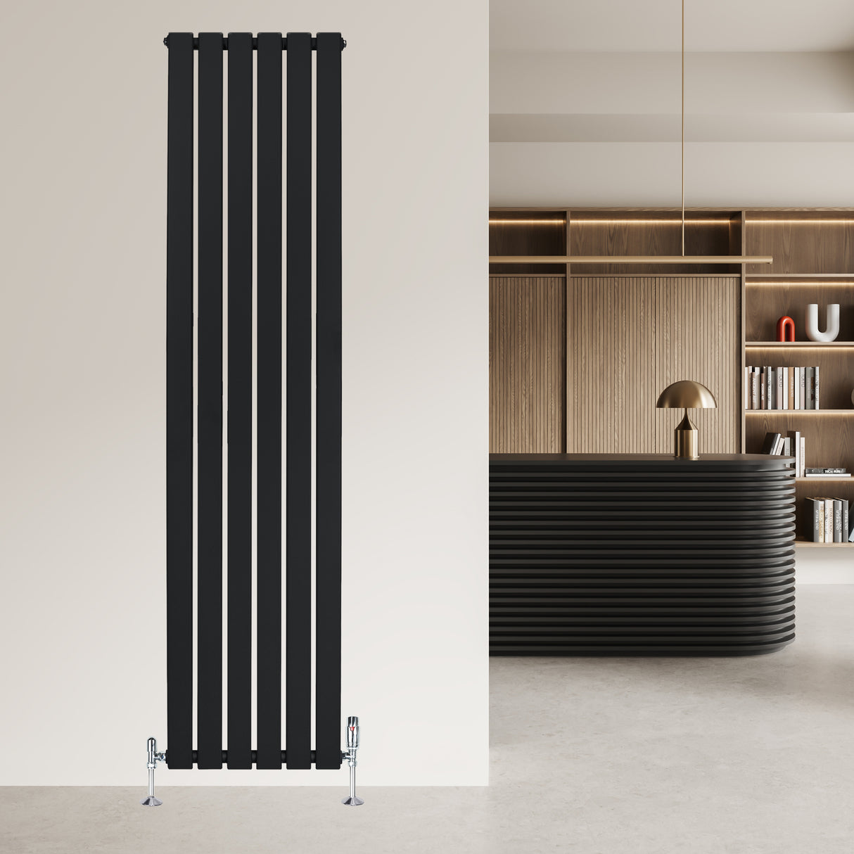 Sleek black flat single column radiator, 1800 x 420mm, mounted on a wall, featuring vertical lines and modern design elements