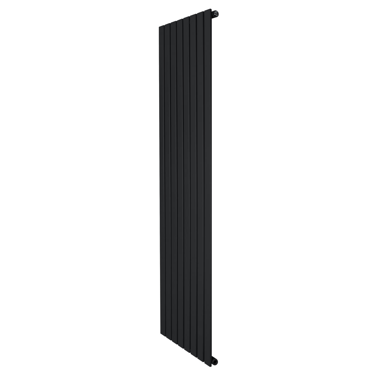 Sleek black flat single column radiator, measuring 1800 x 560mm, featuring a smooth finish and modern vertical design for efficient heating