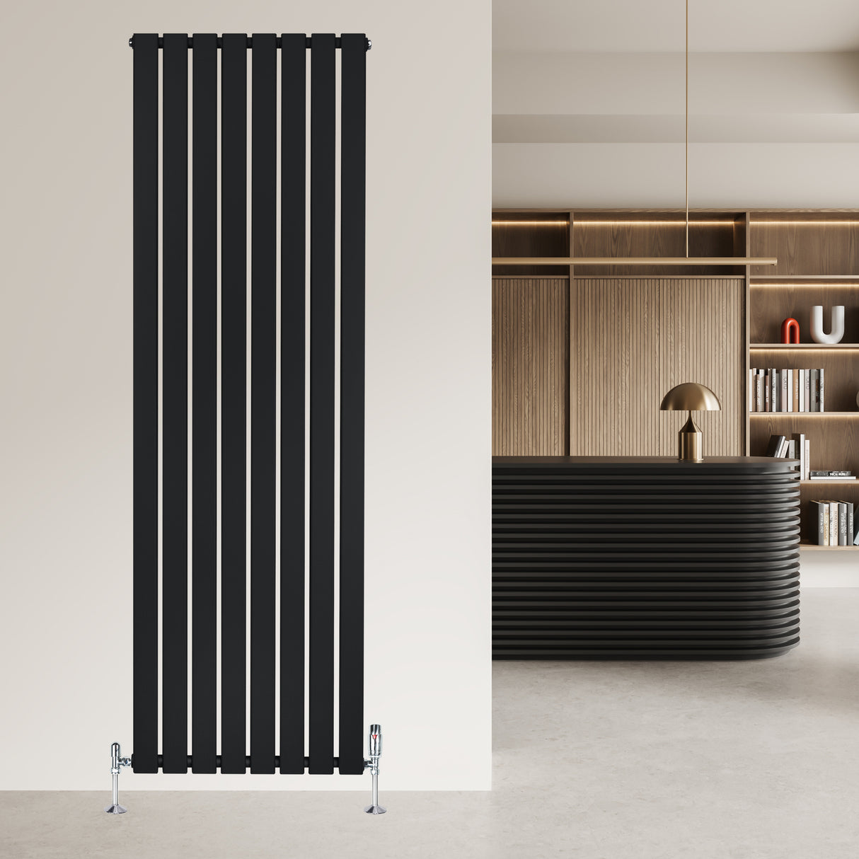 Sleek black flat single column radiator, 1800 x 560mm, featuring vertical lines and a modern design, mounted against a neutral wall