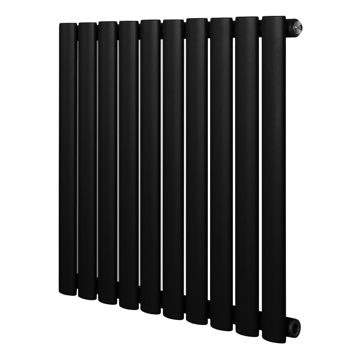 Sleek black oval single column radiator with a modern design, featuring smooth, rounded edges and a matte finish, measuring 600 x 600mm