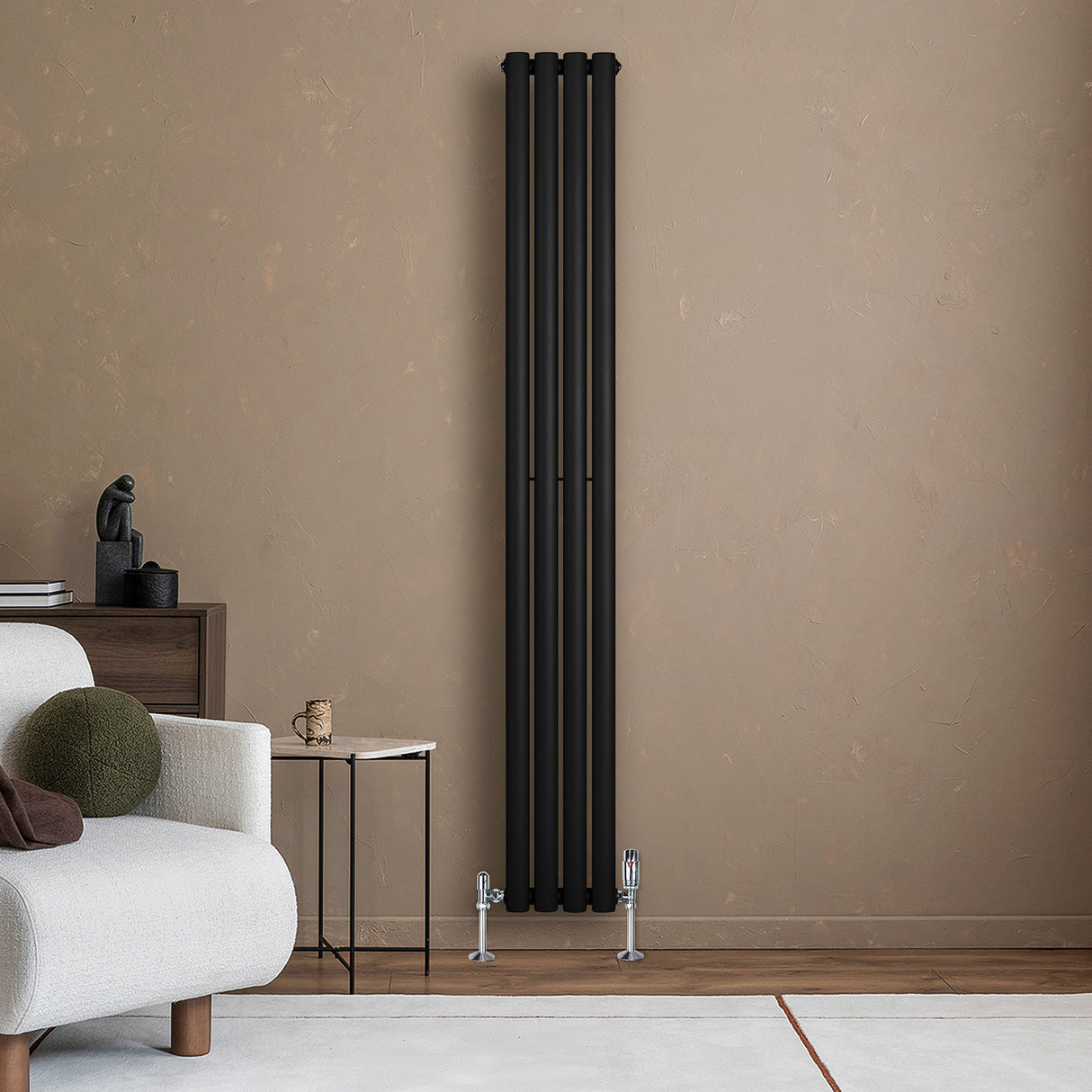 Sleek black oval single column radiator, 1800 x 240mm, mounted on a textured beige wall, complementing modern interior decor