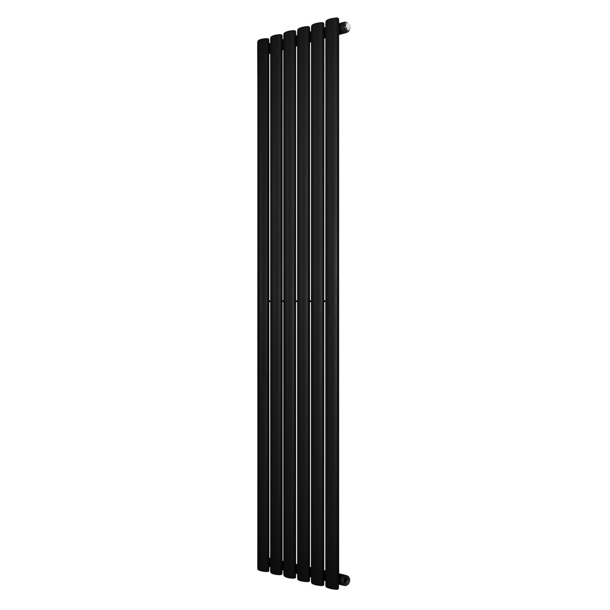 Sleek black oval single column radiator, 1800 x 360mm, featuring a modern design with smooth, vertical lines and a matte finish