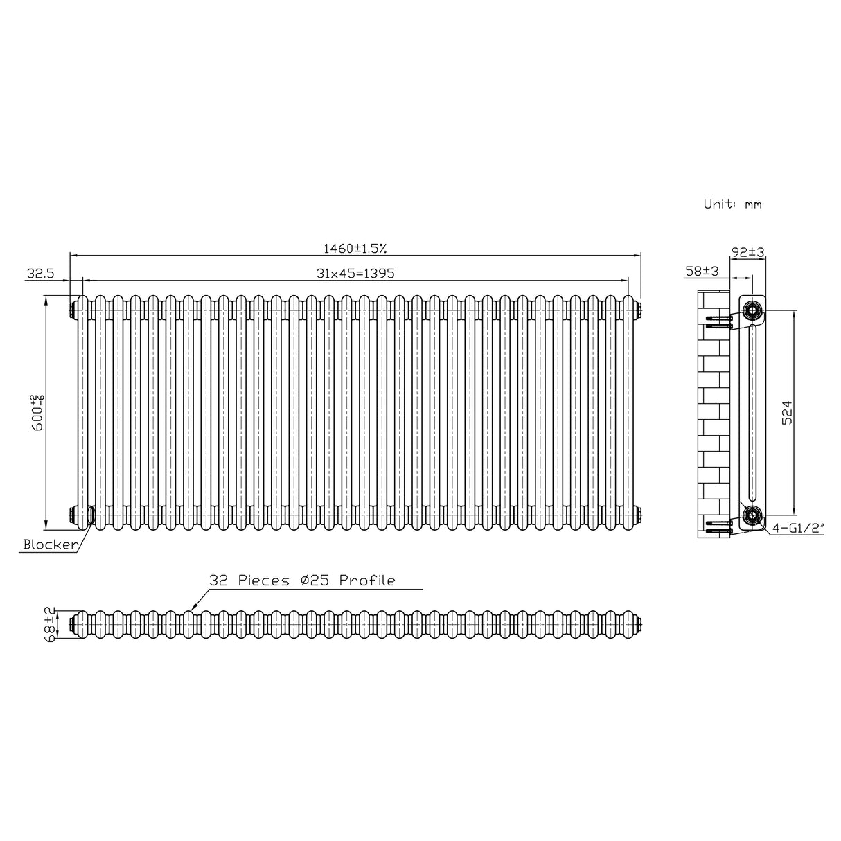 Traditional 2 Column Radiator - 600 x 1460mm - Raw Metal