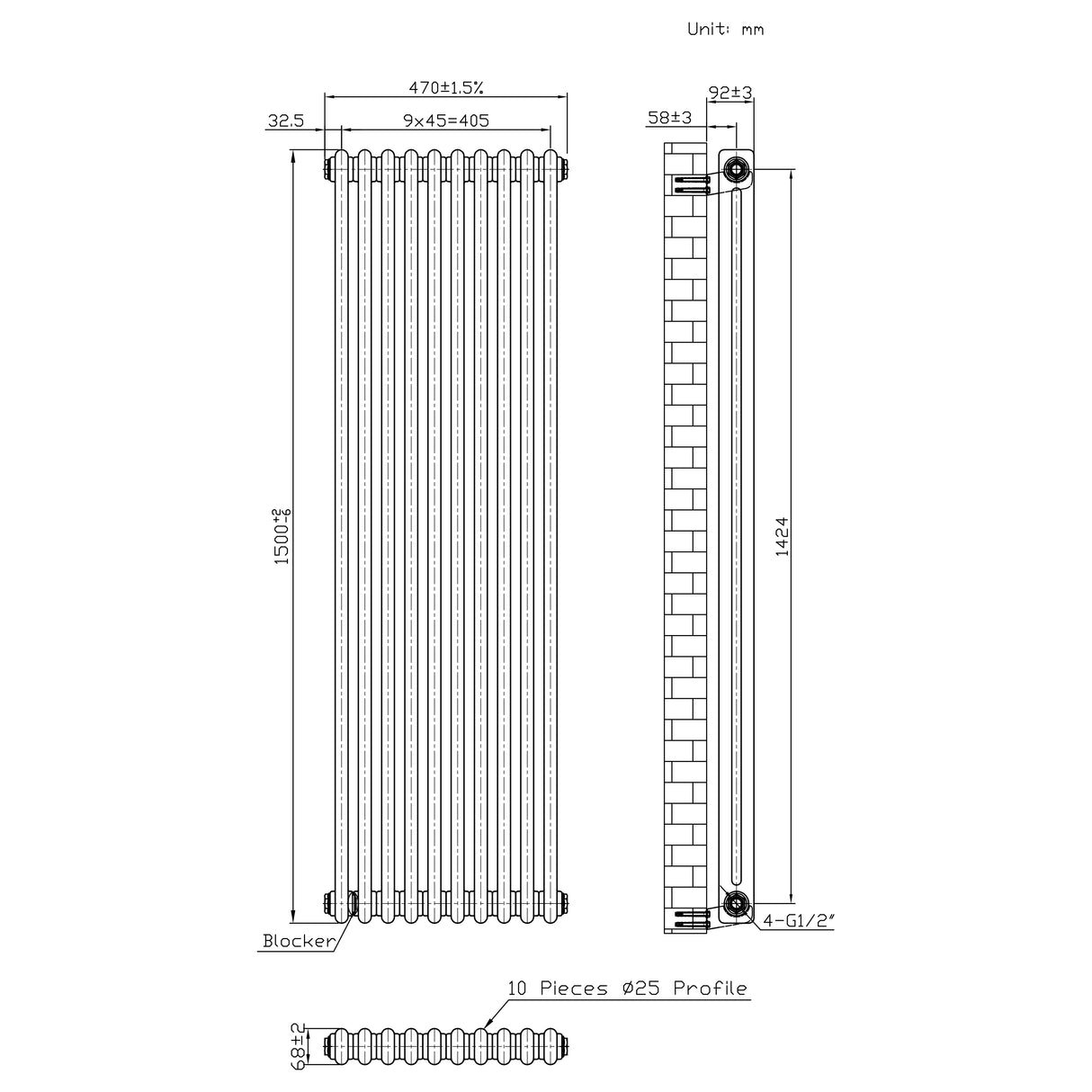 Traditional 2 Column Radiator - 1500 x 470mm - Raw Metal