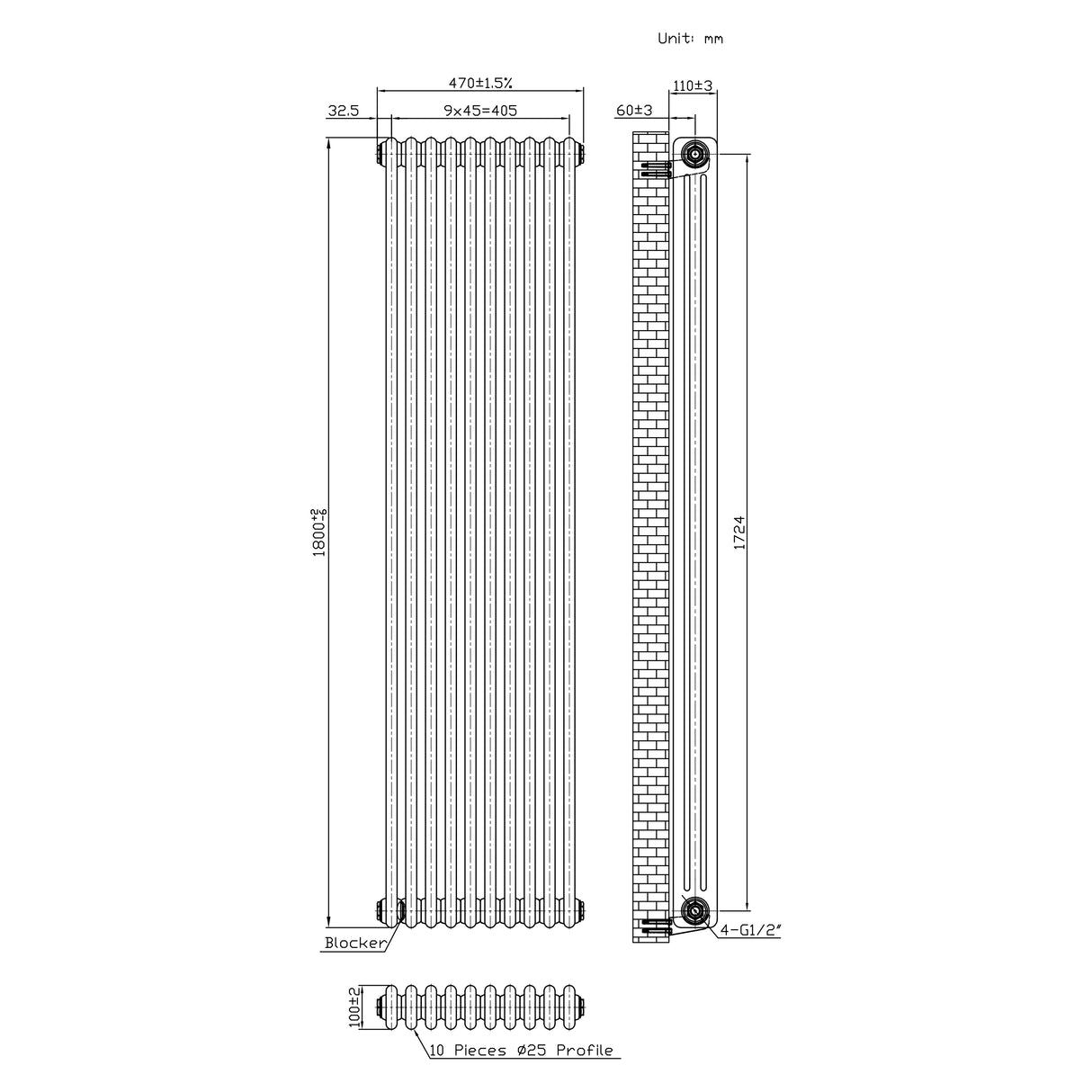 Traditional 3 Column Radiator - 1800 x 470mm - Raw Metal