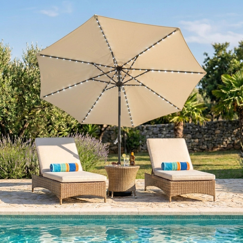 LED Tilt Parasol 2.7m With Tilt Base – Cream