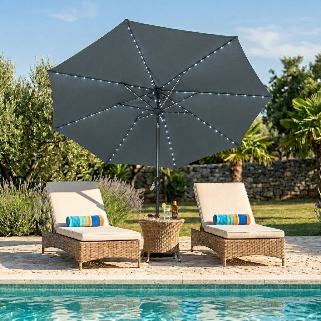 LED Tilt Parasol 2.7m With Tilt Base – Grey