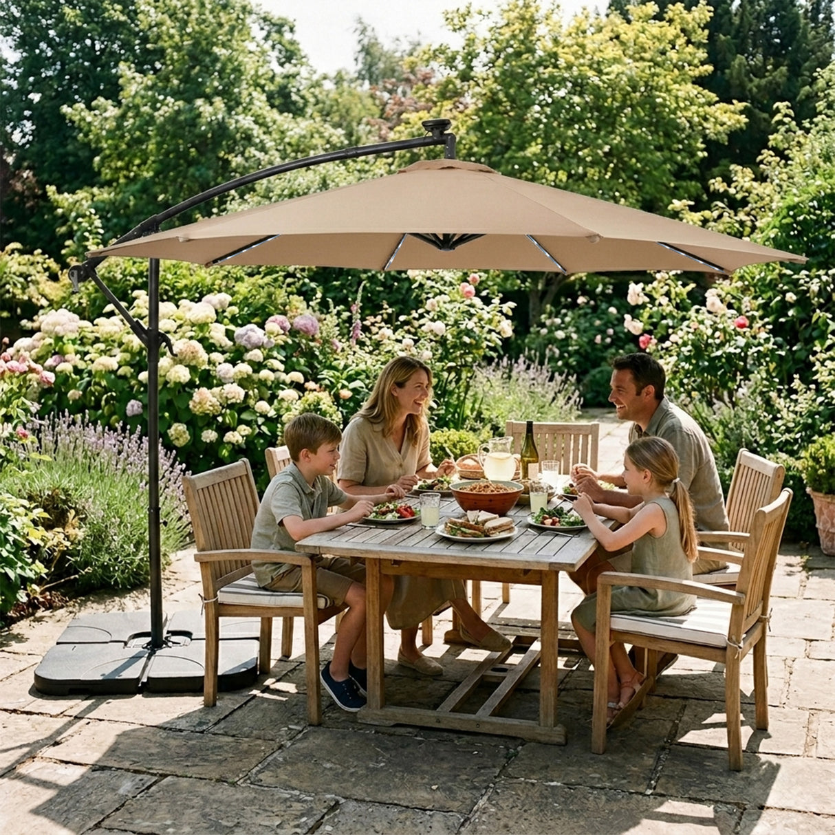 LED Cantilever Parasol 3m With Square Base – Beige