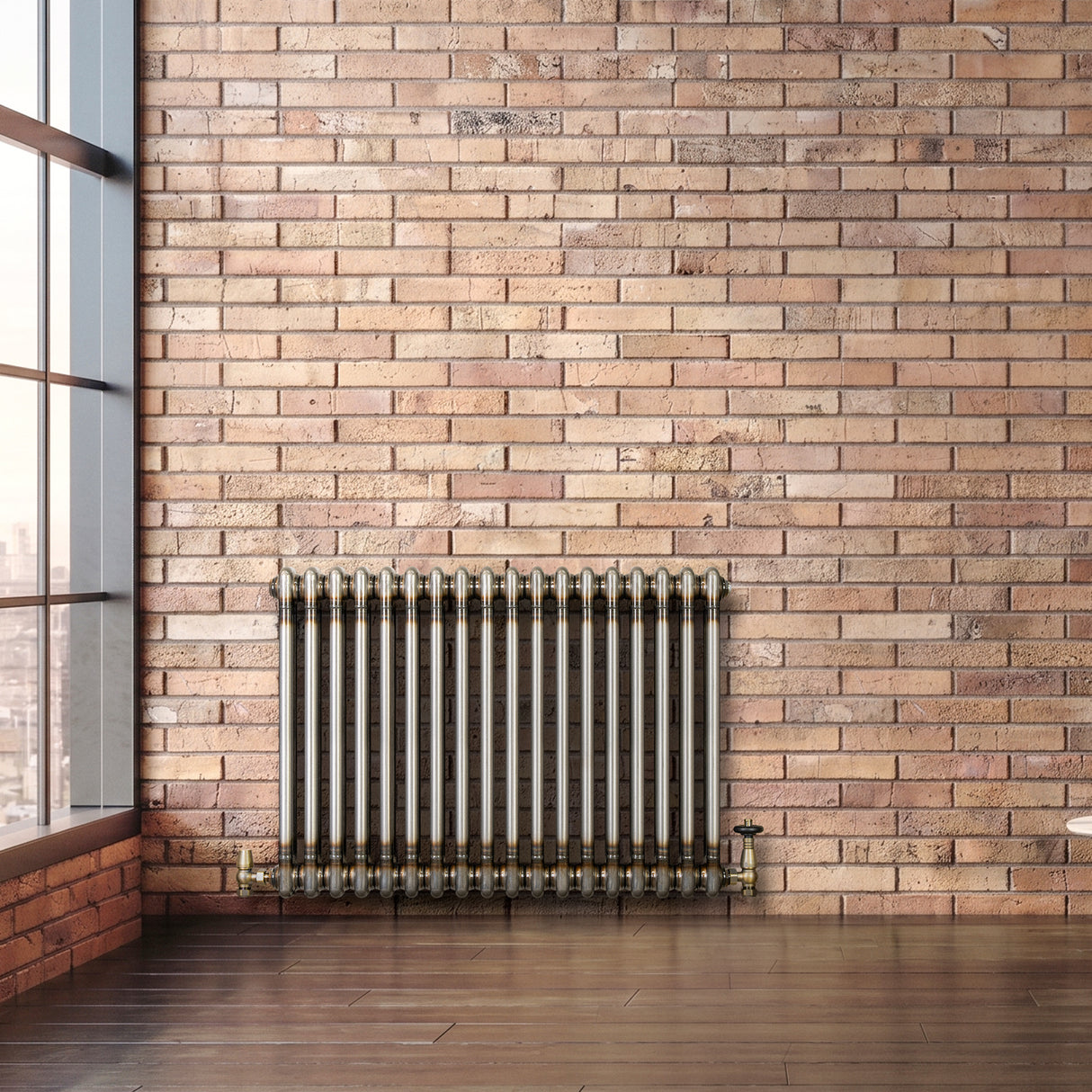 Traditional 2 Column Radiator & Valves - 600 x 830mm - Raw Metal