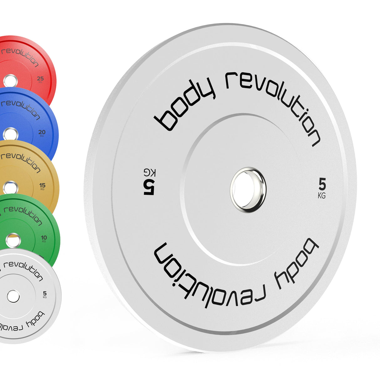 Colorful Body Revolution Olympic bumper plates in various weights, featuring a sleek silver finish and bold black lettering
