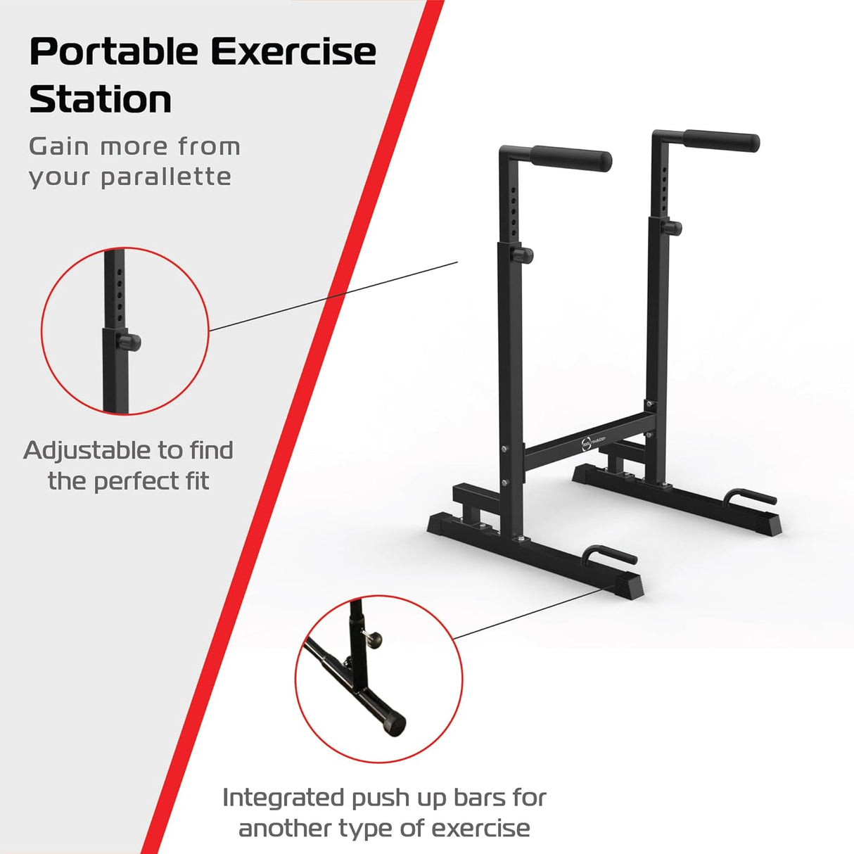 Adjustable black parallettes dip bars with sturdy base, designed for versatile workouts and enhanced stability during exercises