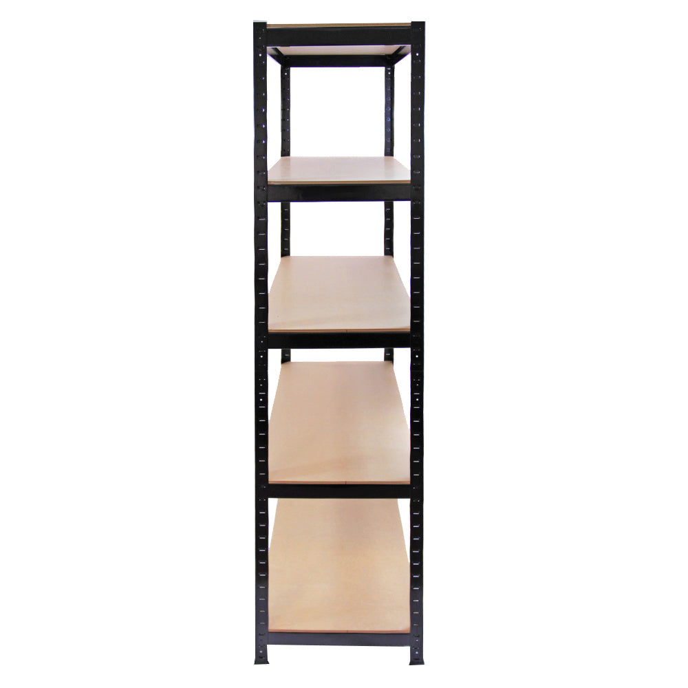 Black metal storage shelves with five sturdy wooden shelves, measuring 90cm wide and 45cm deep, ideal for organizing items