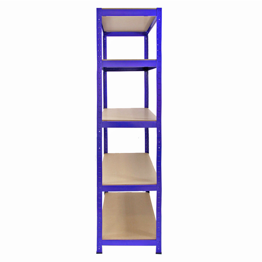 Blue Monster Racking T-Rax corner shelving unit with four sturdy beige shelves, ideal for garage storage and organization